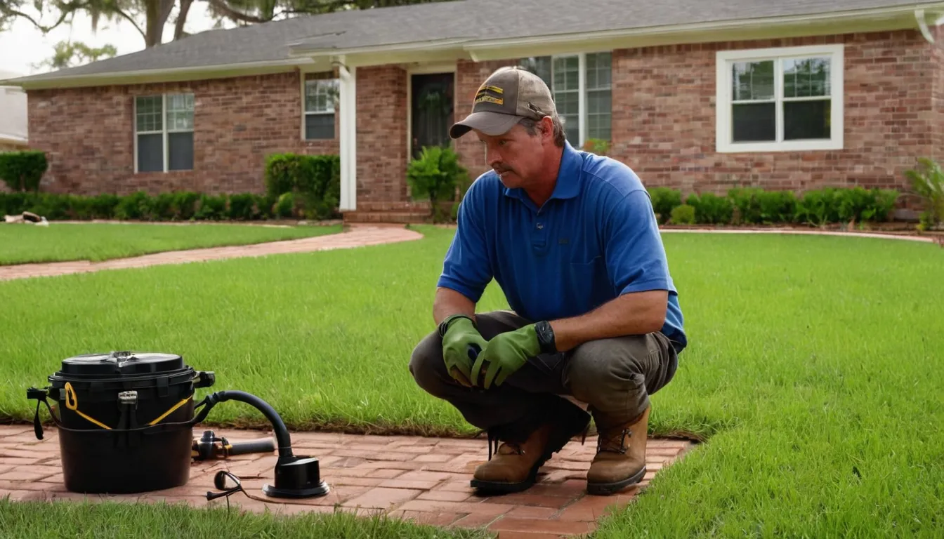 Provider inspecting a sewer cleanout in a front yard near Fort Worth